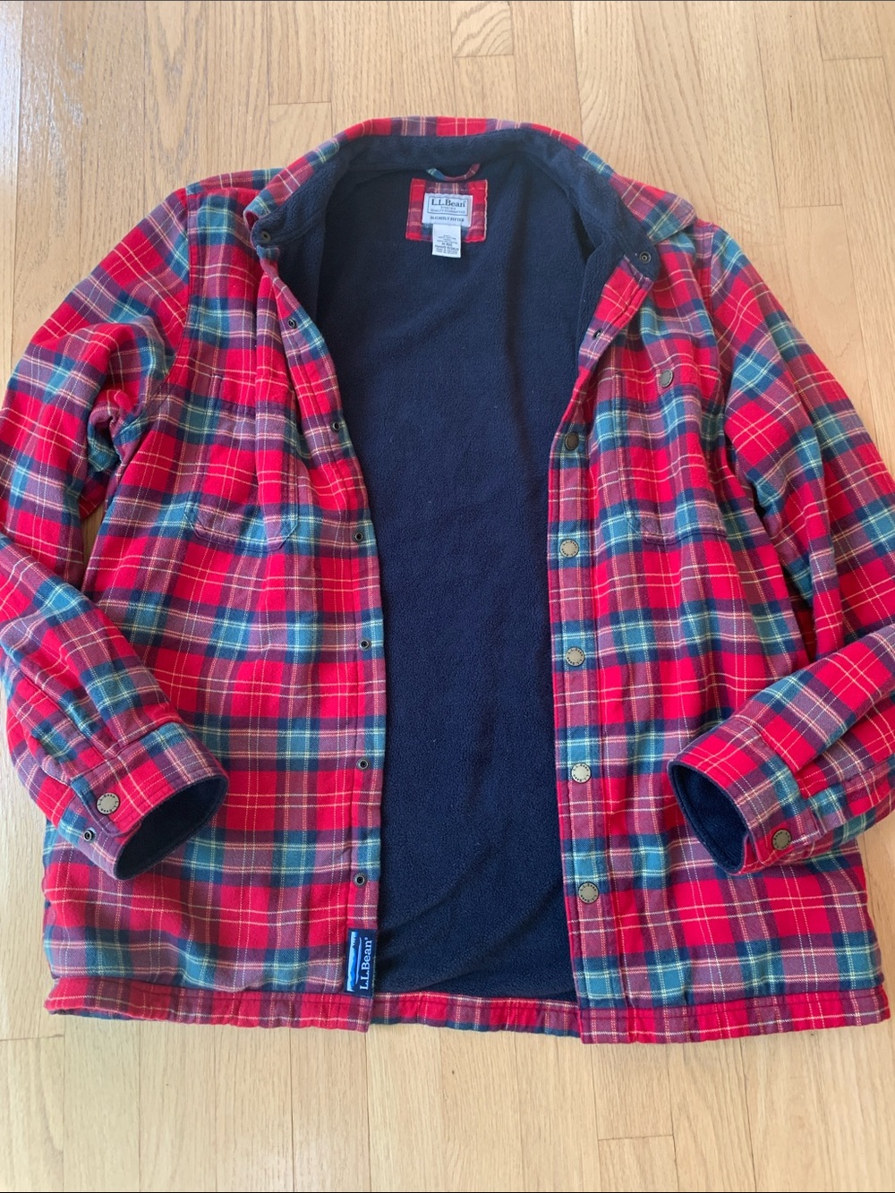 L.L. Bean Men’s Fleece Lined Plaid Flannel Snap Up Shirt Jacket Medium Red
